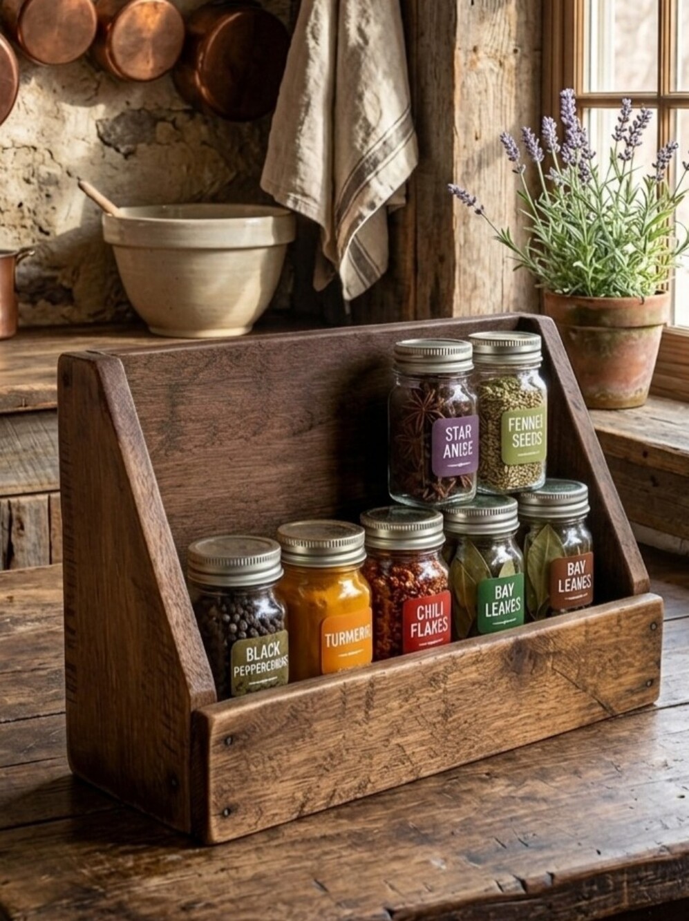 Rustic Farmhouse Solid Wood Spice Caddy – Countertop Organizer